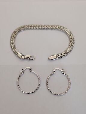 Sterling Silver Hoop Earrings and Bracelet Set - Silver